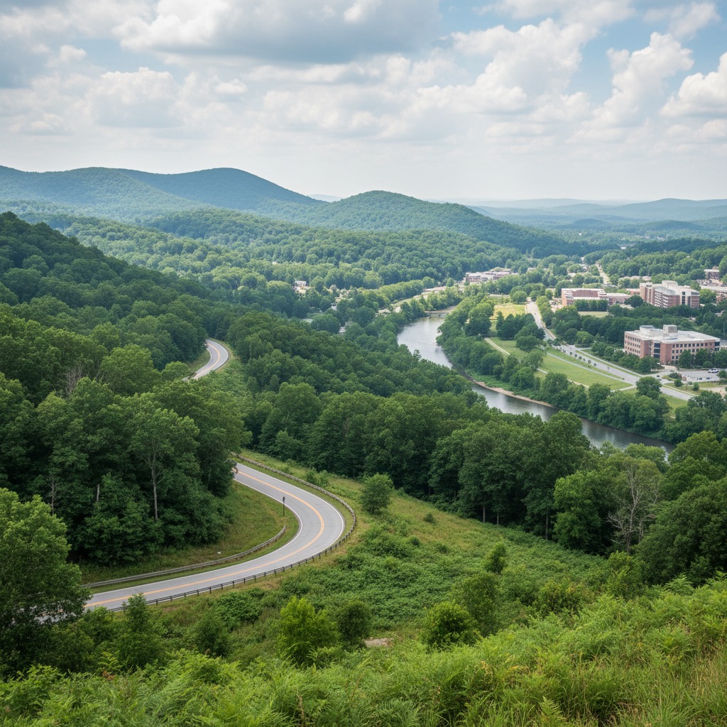 A winding road curves through a lush, green valley alongside a river with buildings visible in the distance.